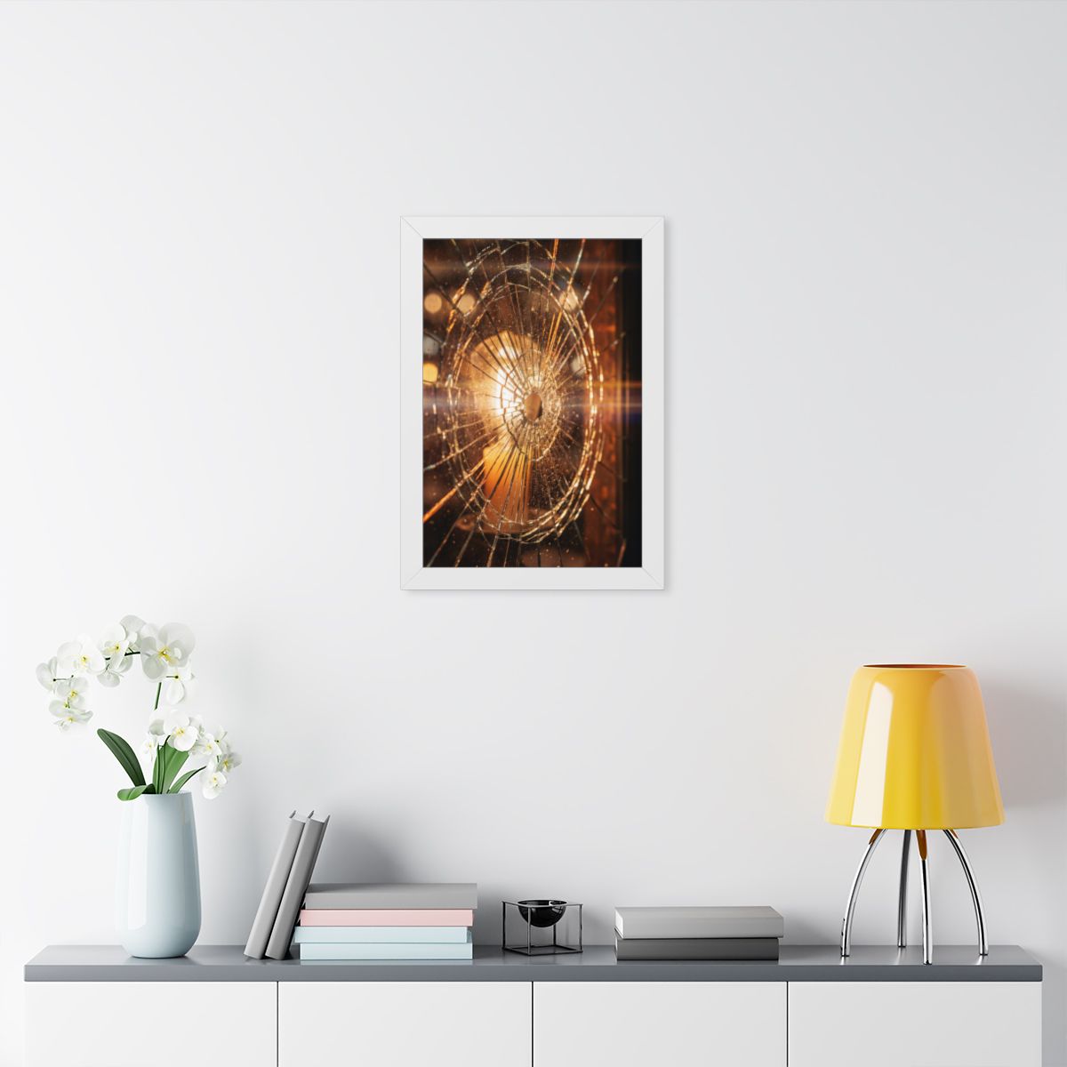 Framed Vertical Poster - Shattered Amber Glass Art — White...
