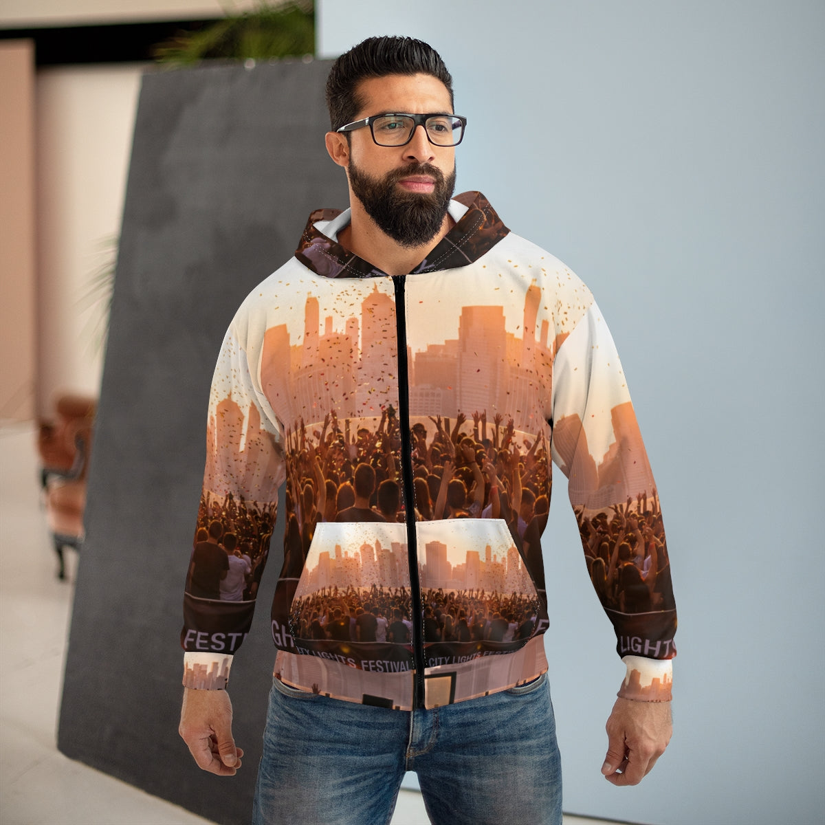 Men's Zip Hoodie - City Lights Festival | Echovira Gallery