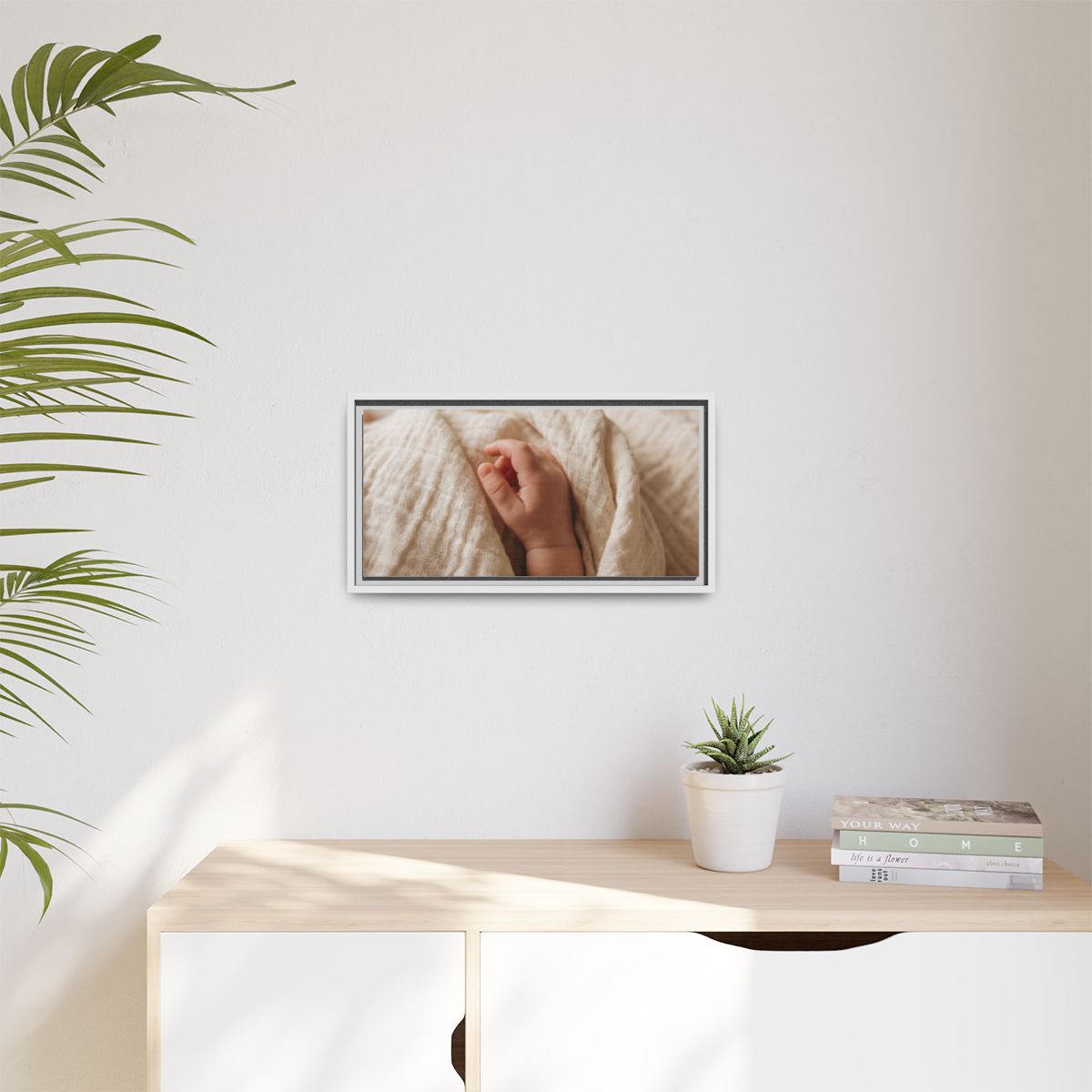 Matte Canvas, Framed - Tender Newborn Hand in Soft Muslin......