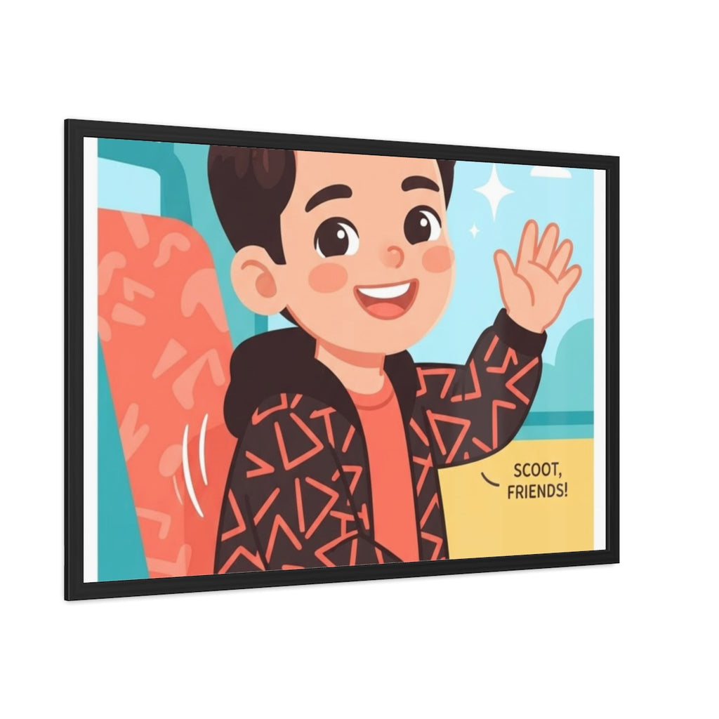 Framed Posters - Sunny Bus Ride Cheerful Boy Illustration —...