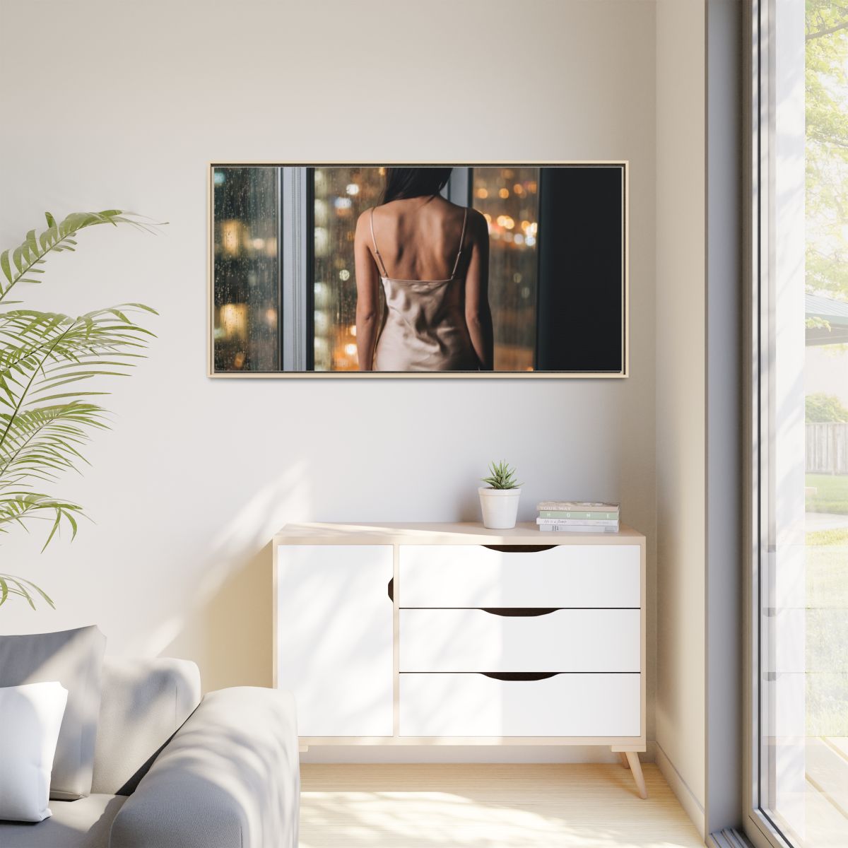 Matte Canvas, Framed - Rainy City lights Glow — Natural /......