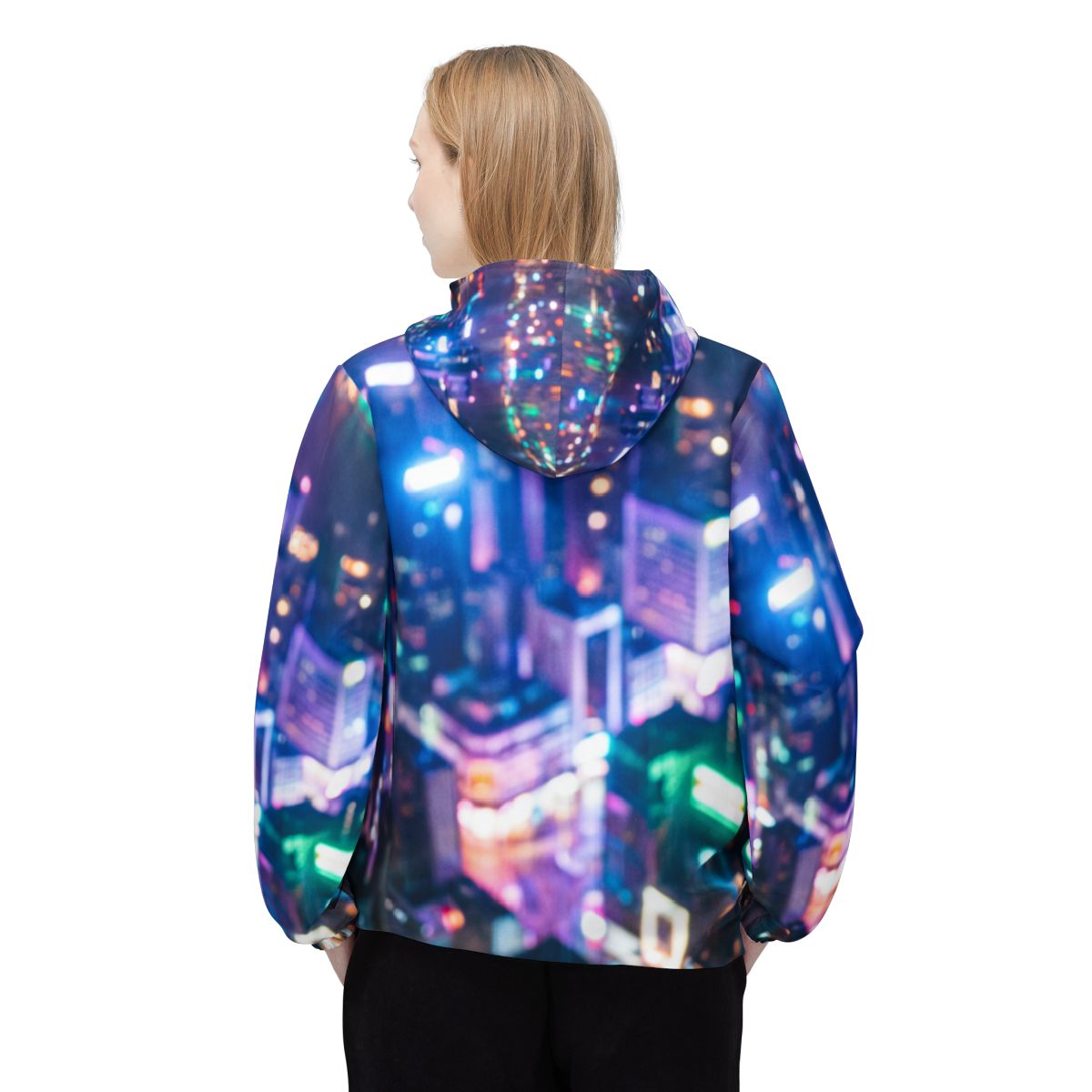 Unisex Windbreaker Jacket - Cyberpunk Neon City Silhouette |...