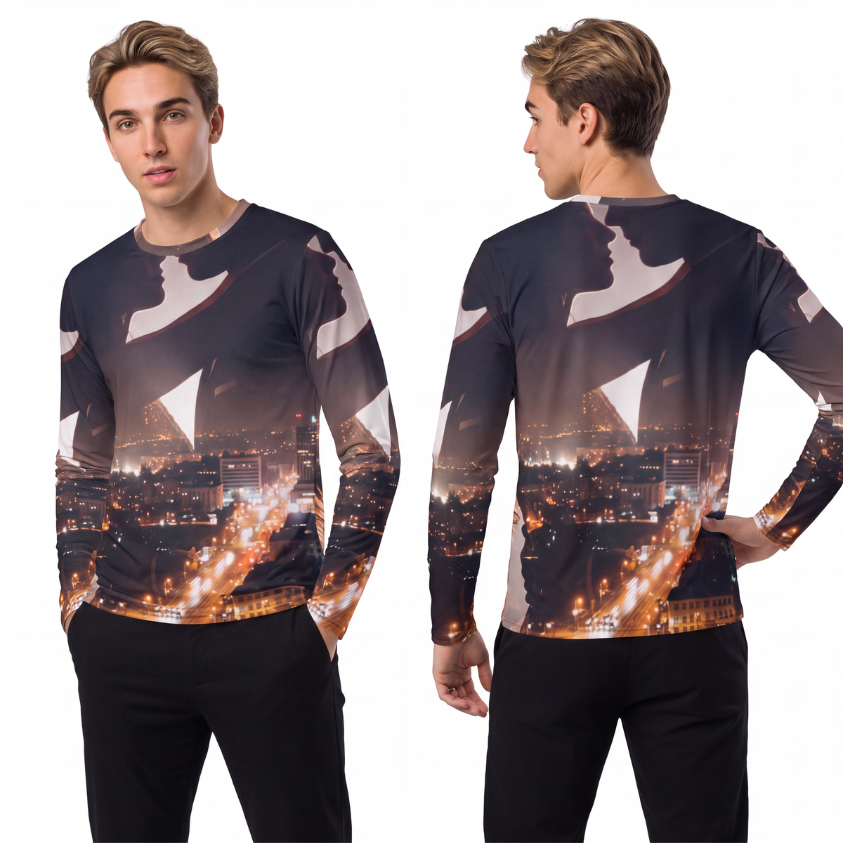Men's Long Sleeve Shirt - Midnight City Skyline | Echovira...