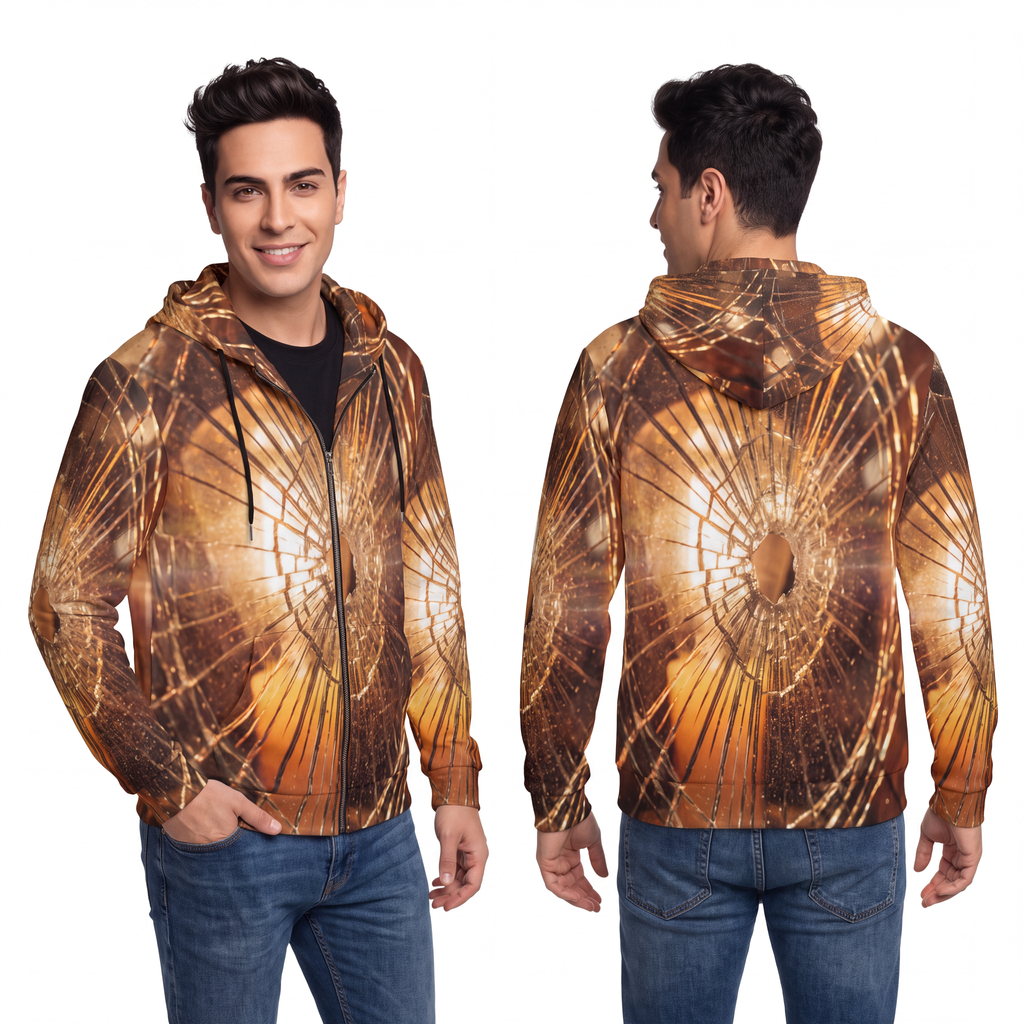 Men's Full-Zip Hoodie - Shattered Amber Glow Graphic Art |...