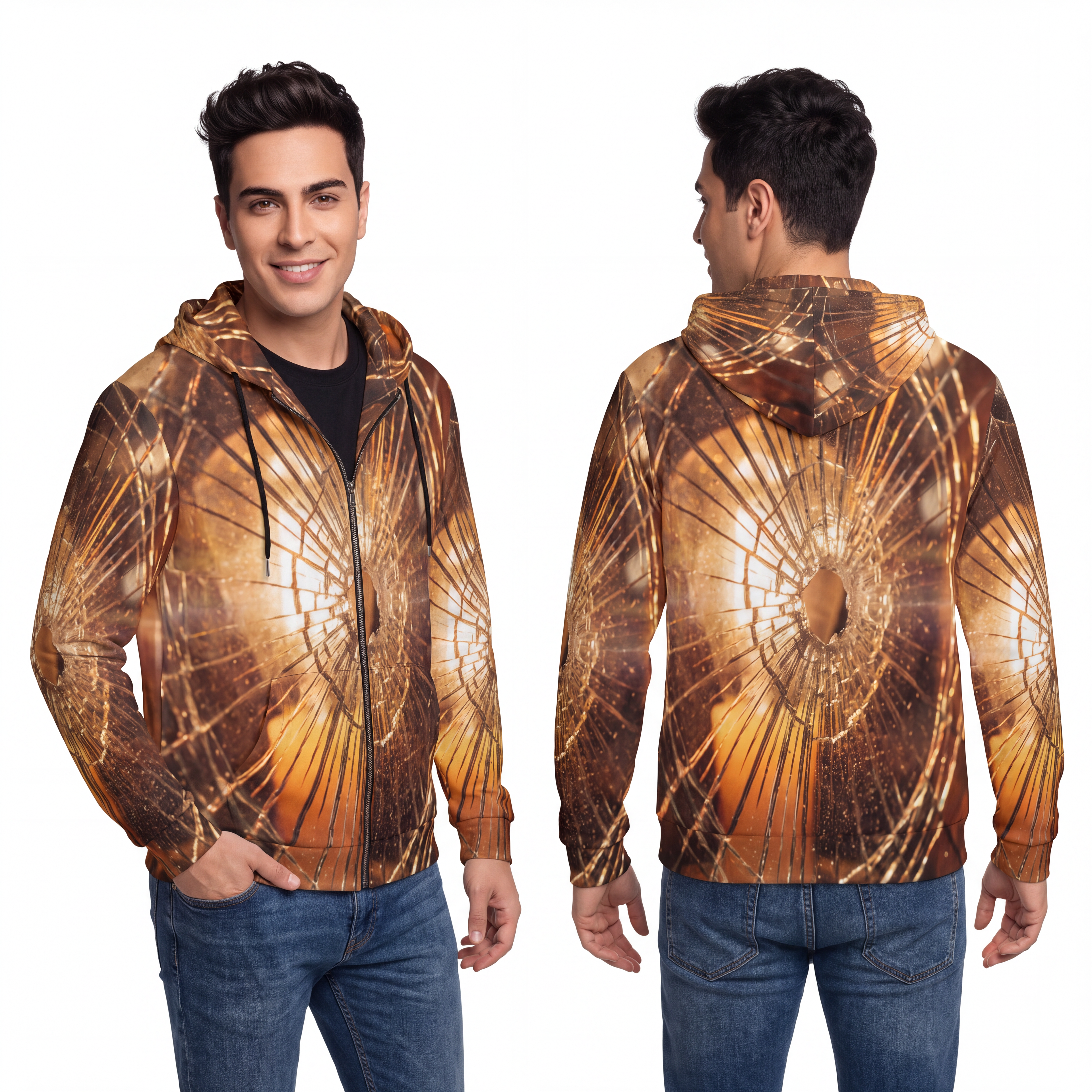 Men's Full-Zip Hoodie - Shattered Amber Glow Graphic Art |...