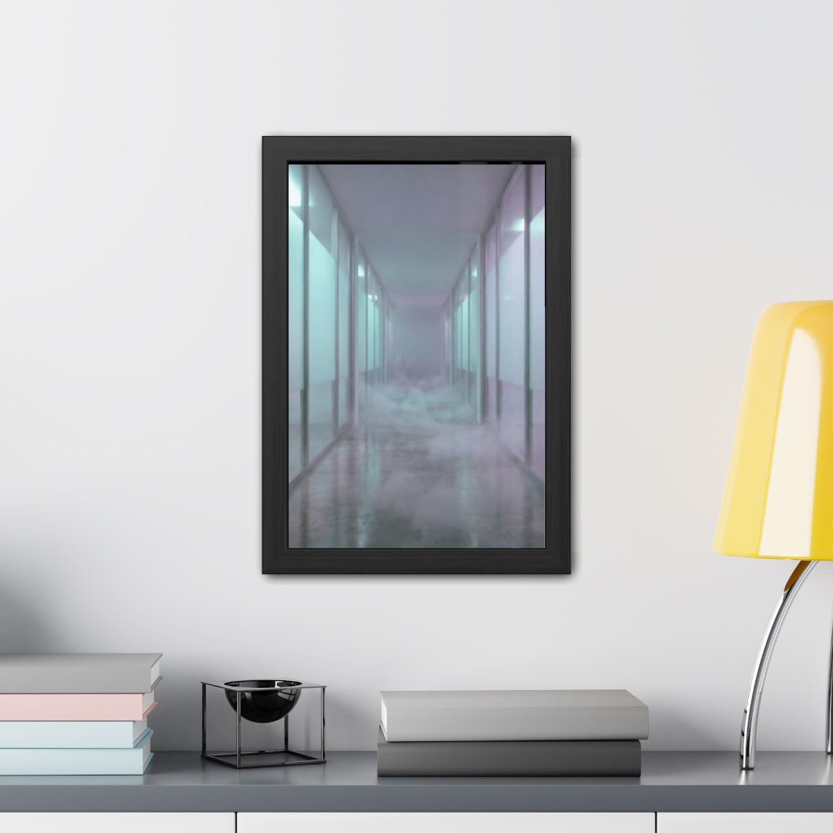 Framed Posters - Liminal Corridor Fog Art Print — Portrait...