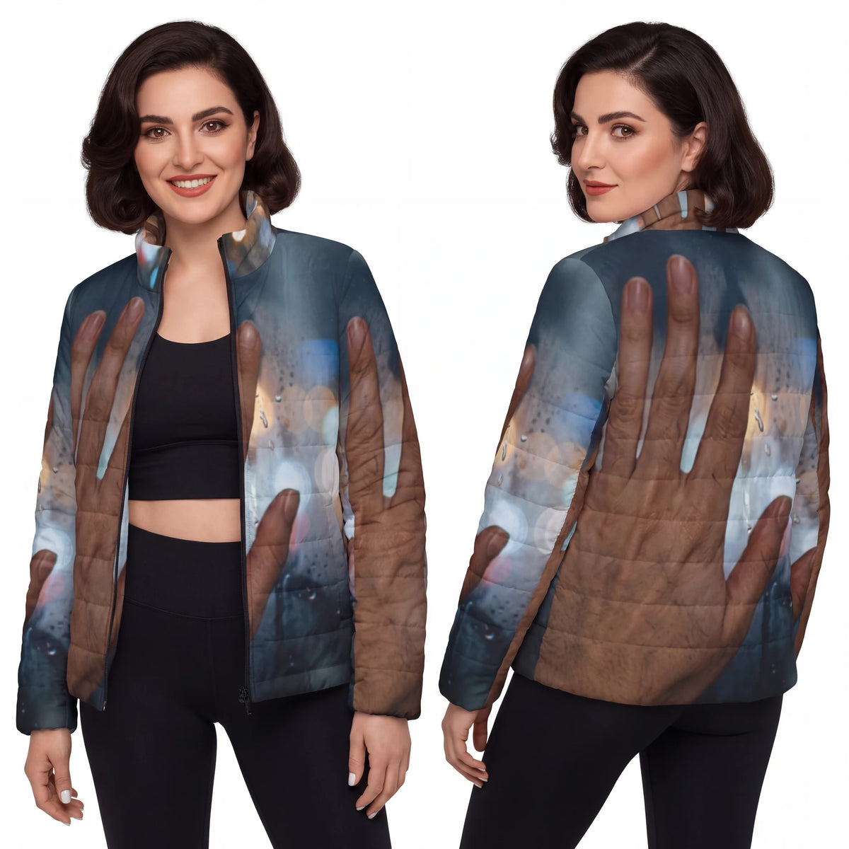 Women's Puffer Jacket with Rainy City Art