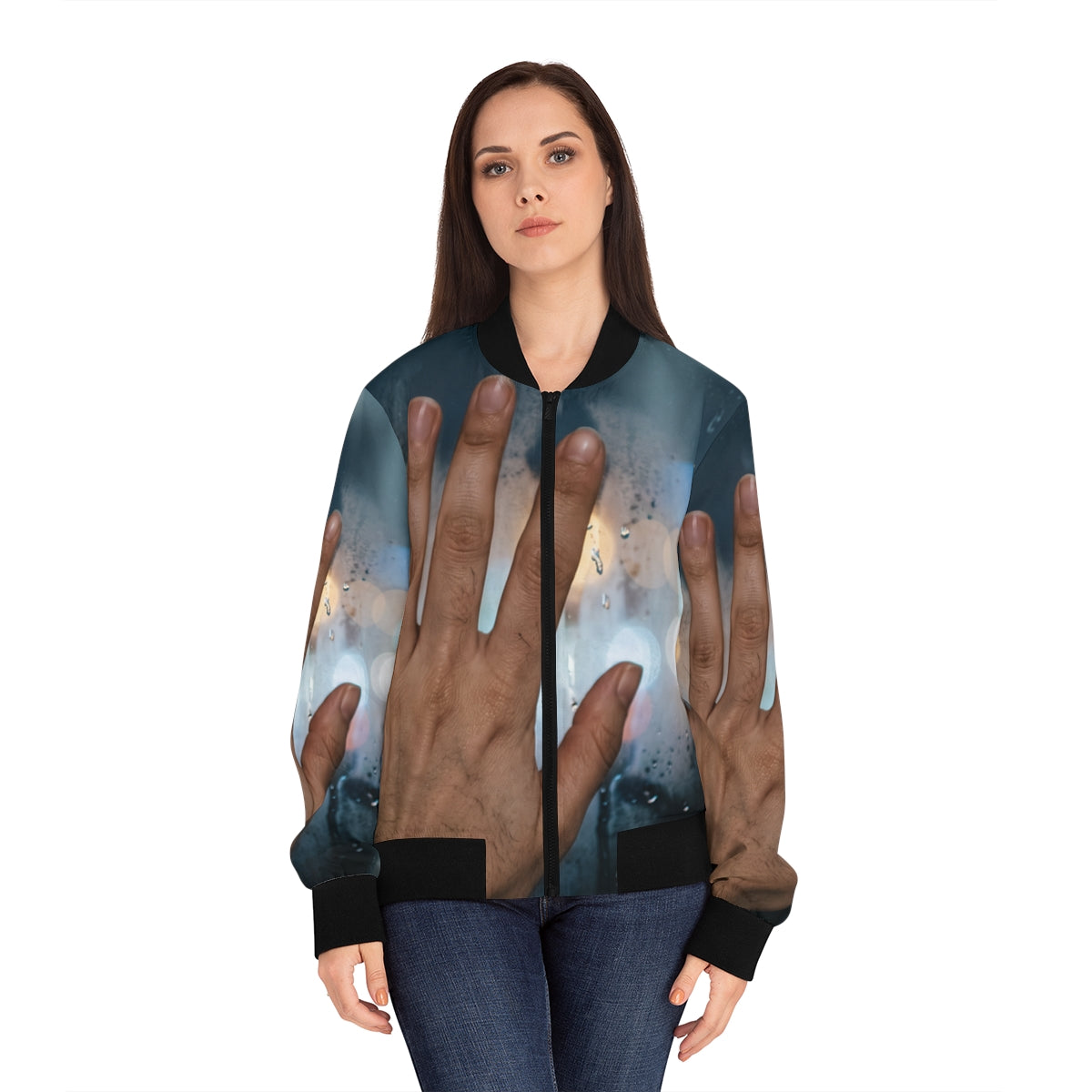 Women's Bomber Jacket with Rainy City Bokeh Art