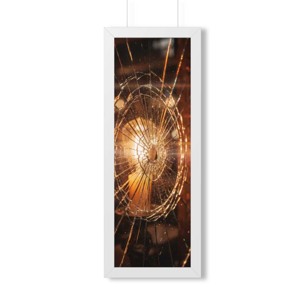 Framed Vertical Poster - Shattered Amber Glass Art — White...