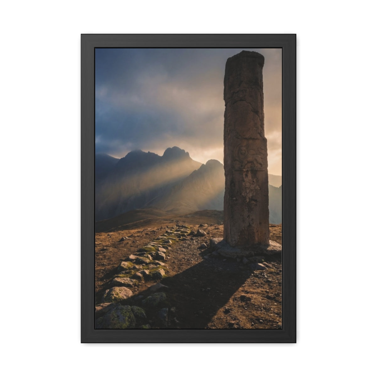 Framed Posters - Ancient Stone Column Mountain Sunset Art......