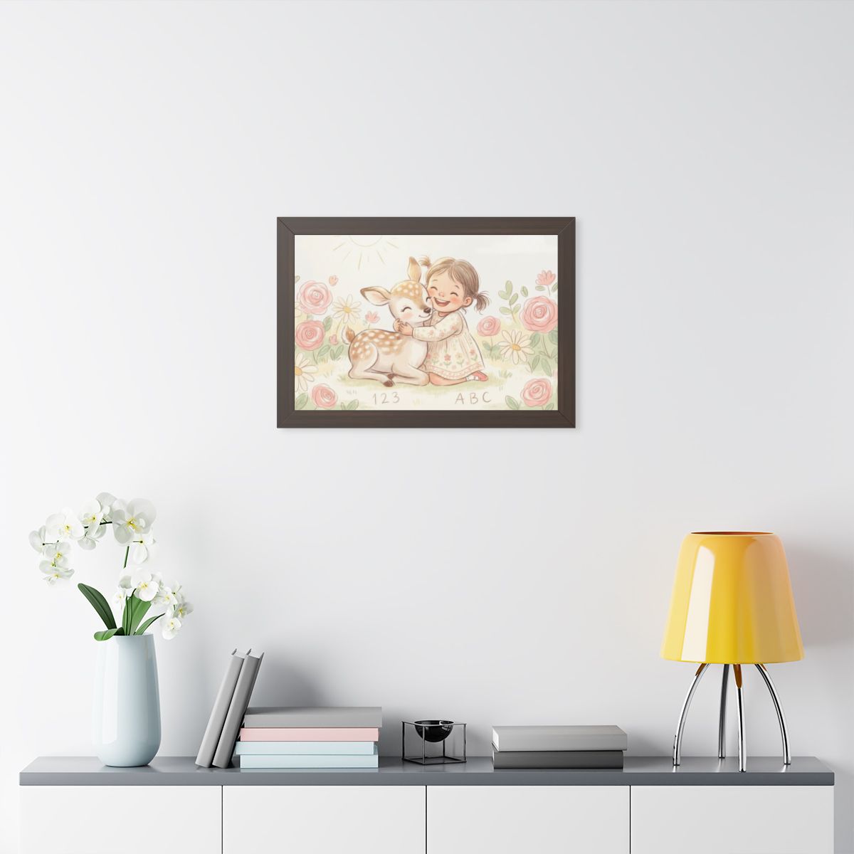 Framed Horizontal Poster - Gentle Hug Meadow Deer Art —... |...