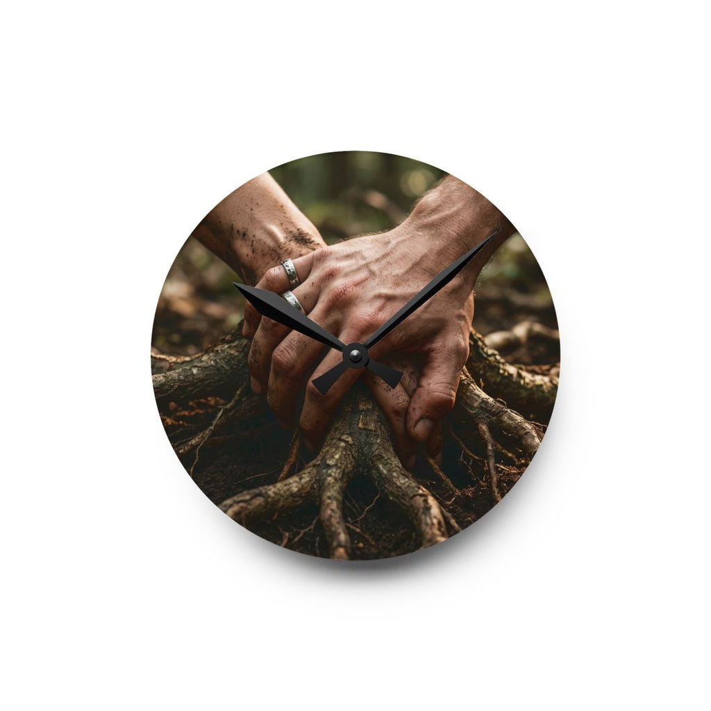 Acrylic Wall Clock Forest Roots Hands Art