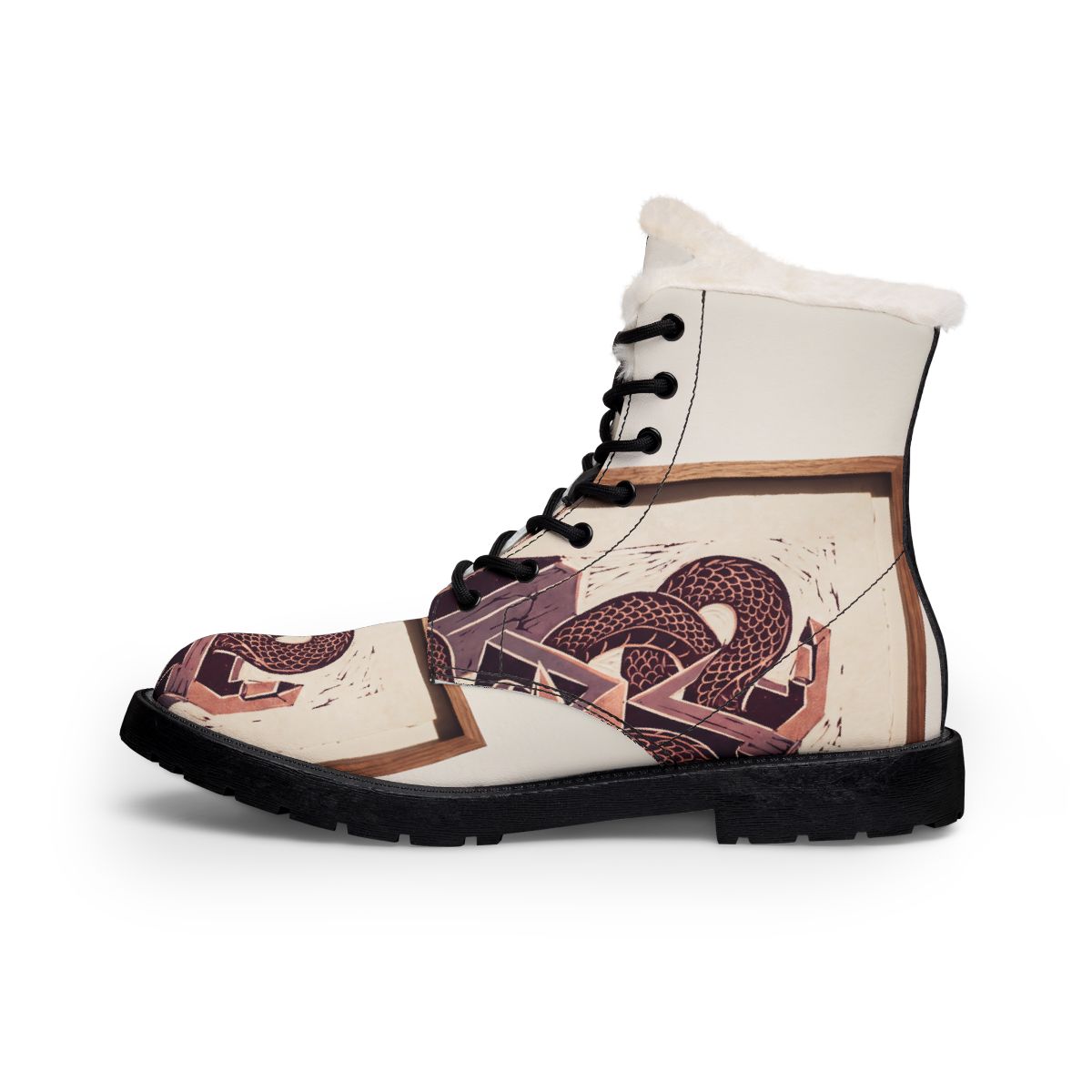 Men's Fur Leather Boots Serpent Linocut Art