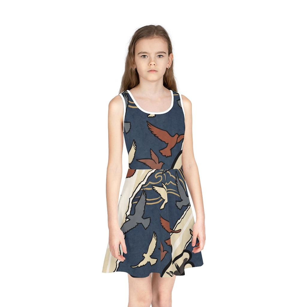 Girls' Sundress with Japanese Bird Woodblock Art
