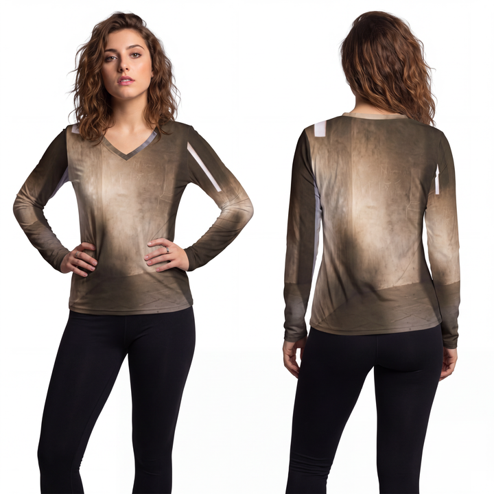 Women's Long Sleeve V-neck Shirt - Shadows of the Citadel moody architectural print