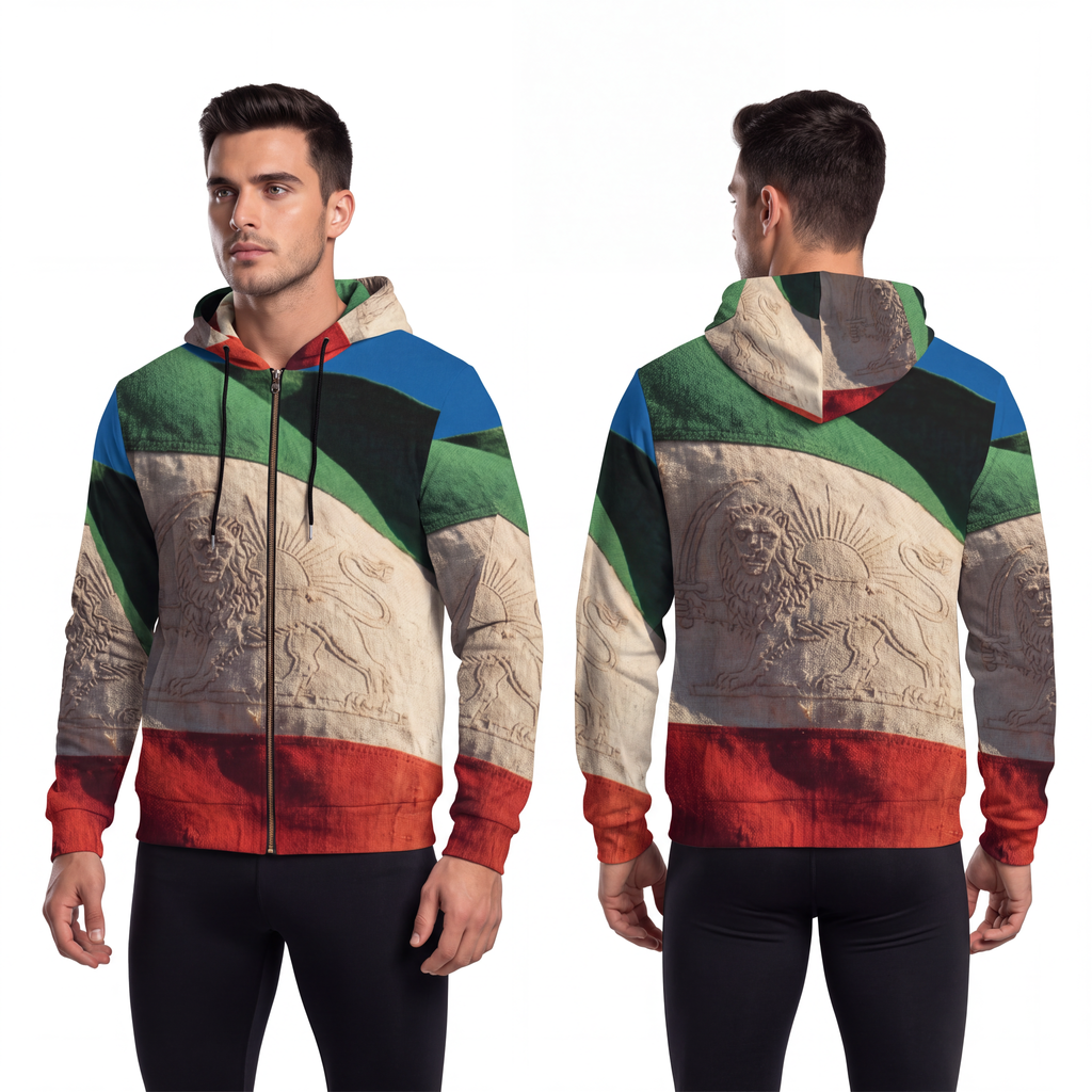 Men's Full-Zip Hoodie - Vintage Persian Lion and Sun Flag......