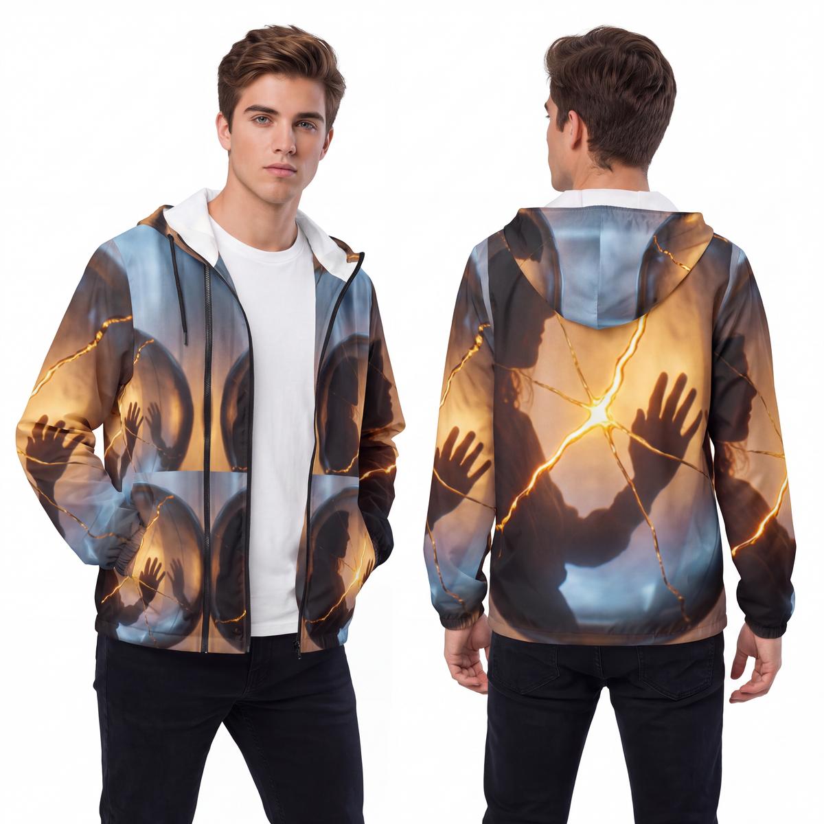 Men's Unisex Windbreaker Jacket - Golden Kintsugi Sphere......
