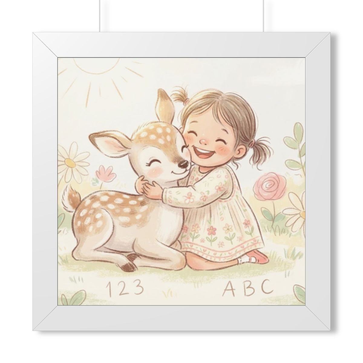 Framed Horizontal Poster - Gentle Hug Meadow Deer Art —... |...