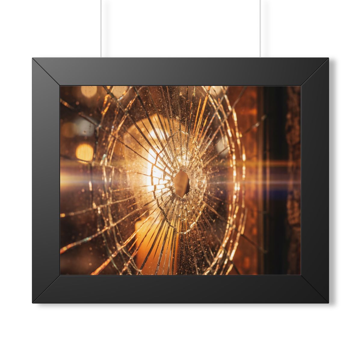 Framed Horizontal Poster - Shattered Amber Glass Art — Black...