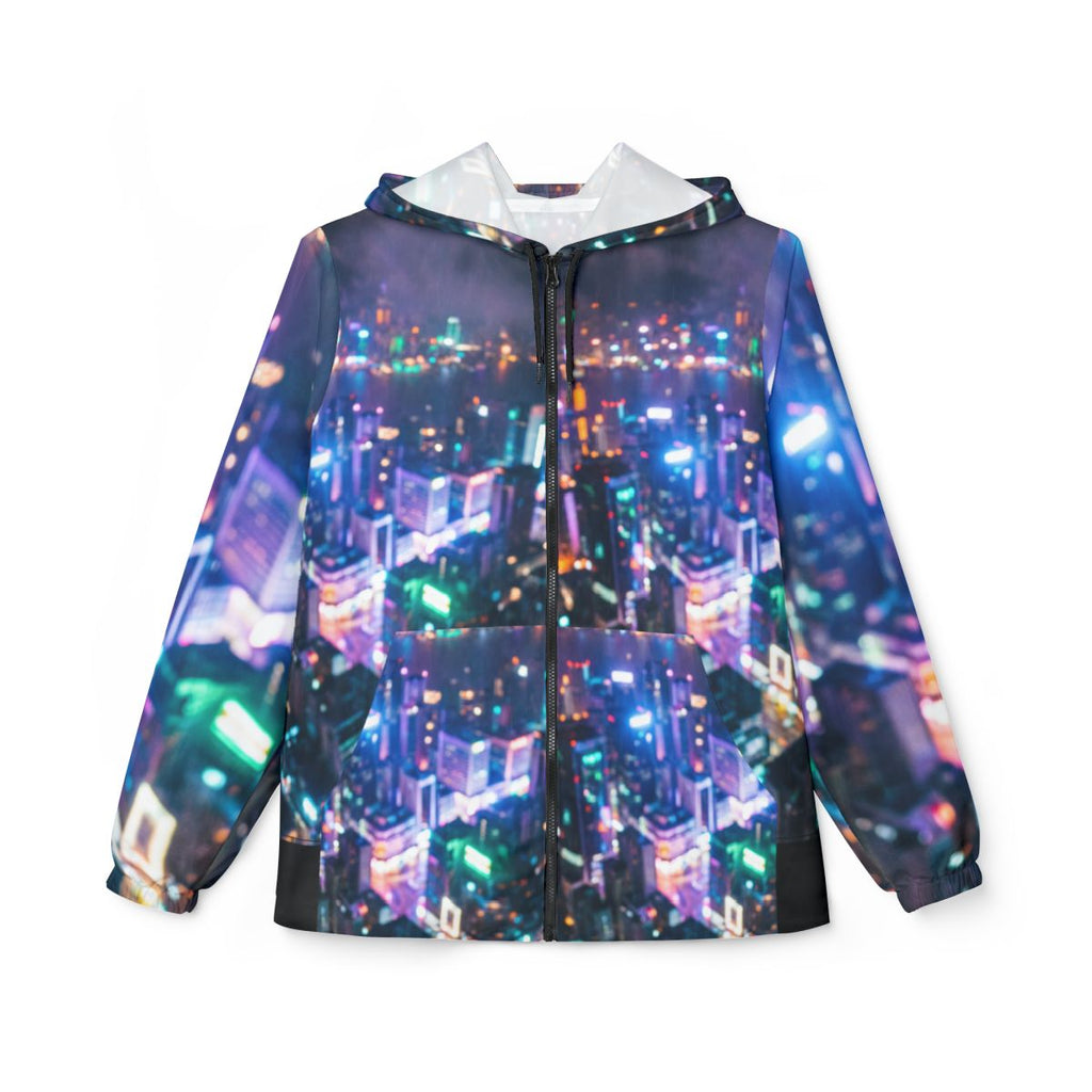 Unisex Windbreaker Jacket - Cyberpunk Neon City Silhouette |...
