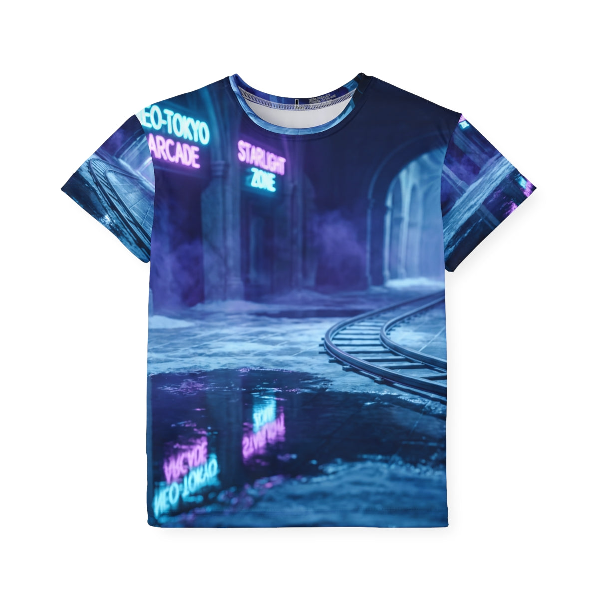 Camiseta esportiva infantil arte metrô neon cyberpunk