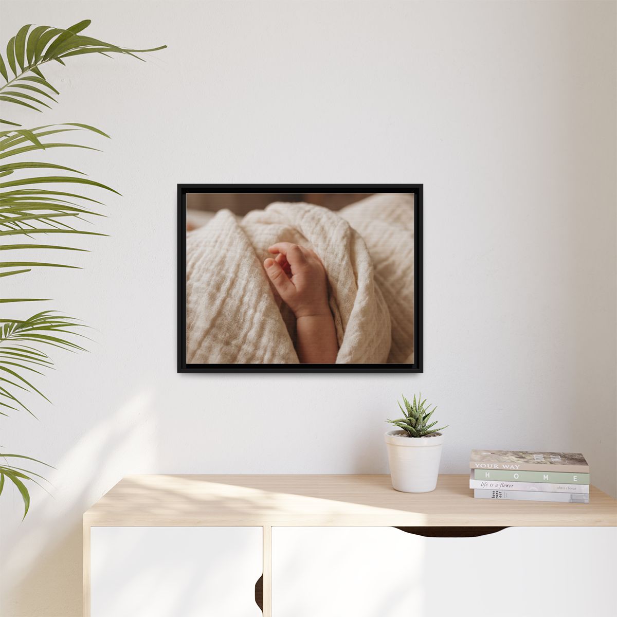 Matte Canvas, Framed - Tender Newborn Hand in Soft Muslin......
