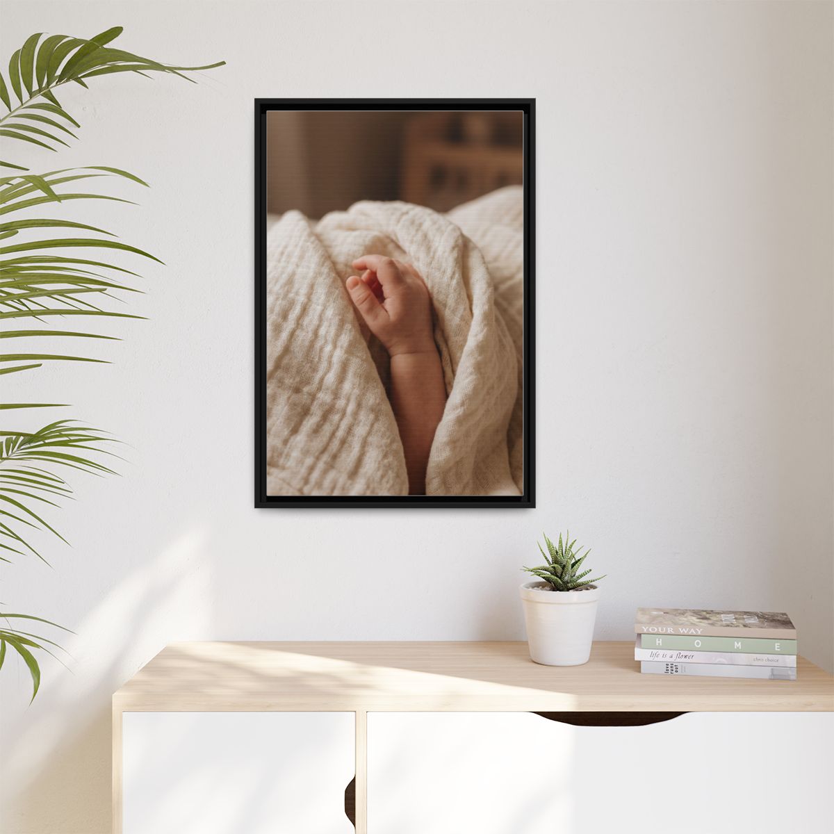 Matte Canvas, Framed - Tender Newborn Hand in Soft Muslin......