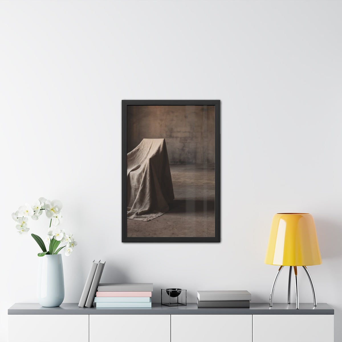 Framed Posters - Silent Shadow Covered Chair Art — Portrait...