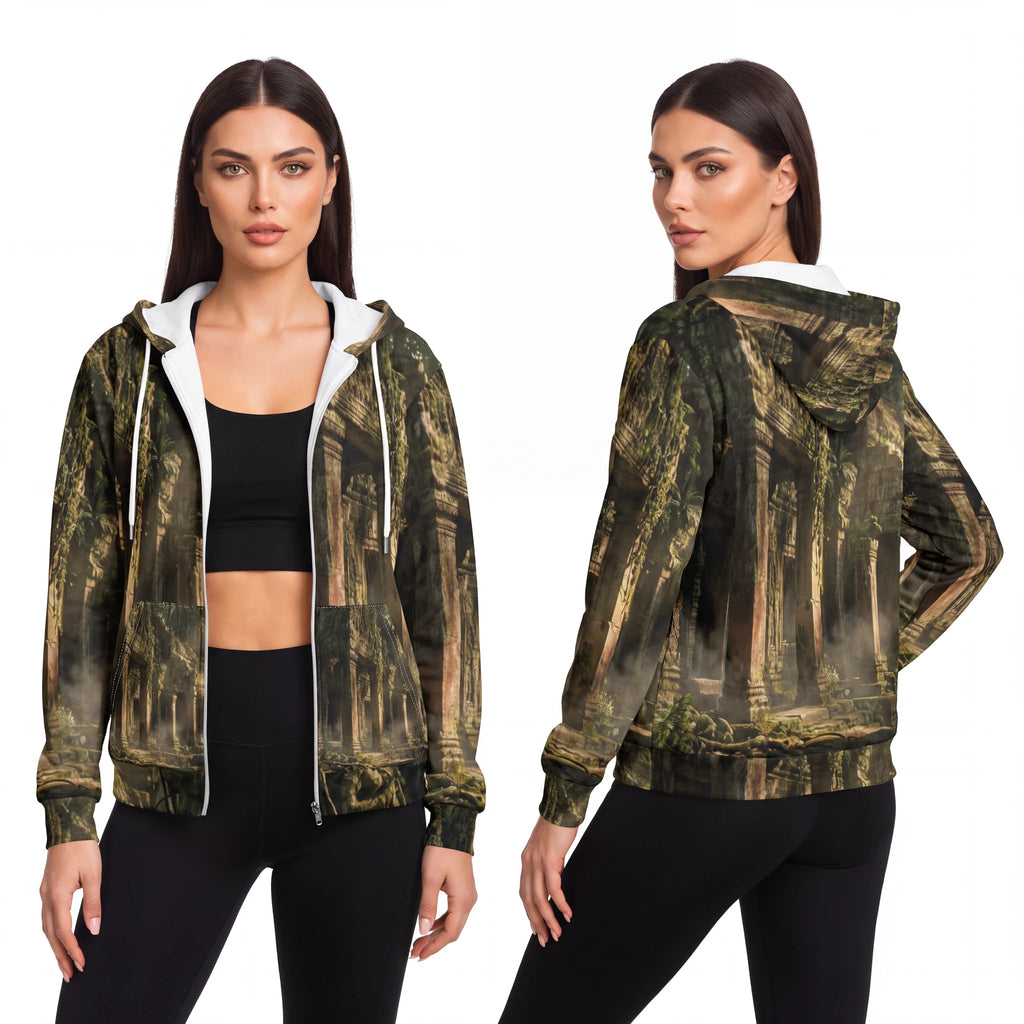 Unisex Zip Hoodie - Jungle Temple Portal | Echovira Gallery