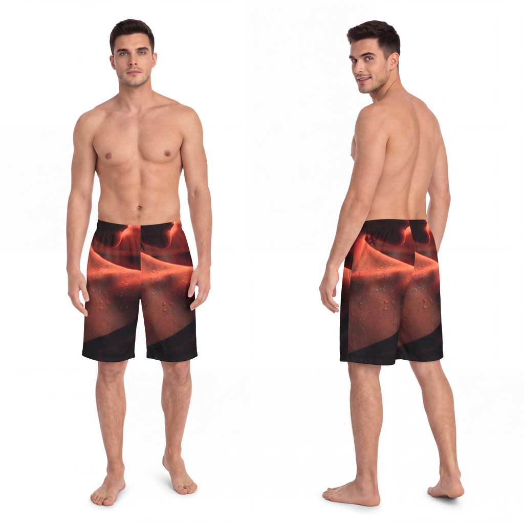 Men's Board Shorts - Crimson Neon Glow - Cinematic Portrait...