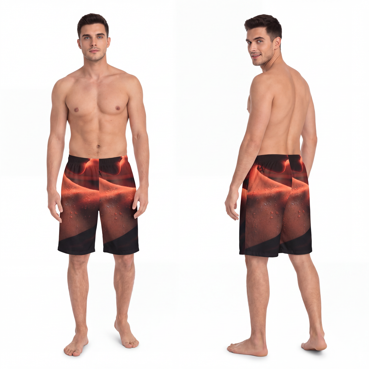 Men's Board Shorts - Crimson Neon Glow - Cinematic Portrait...