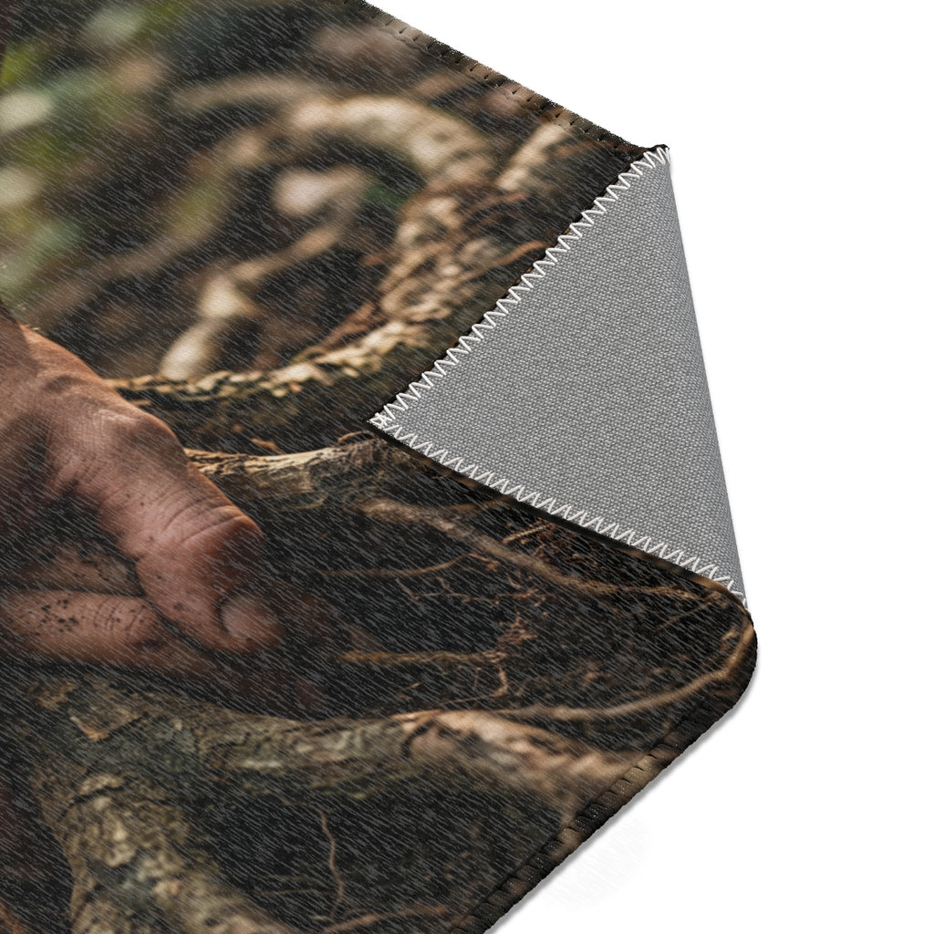 Area Rugs with Forest Roots and Hands Art