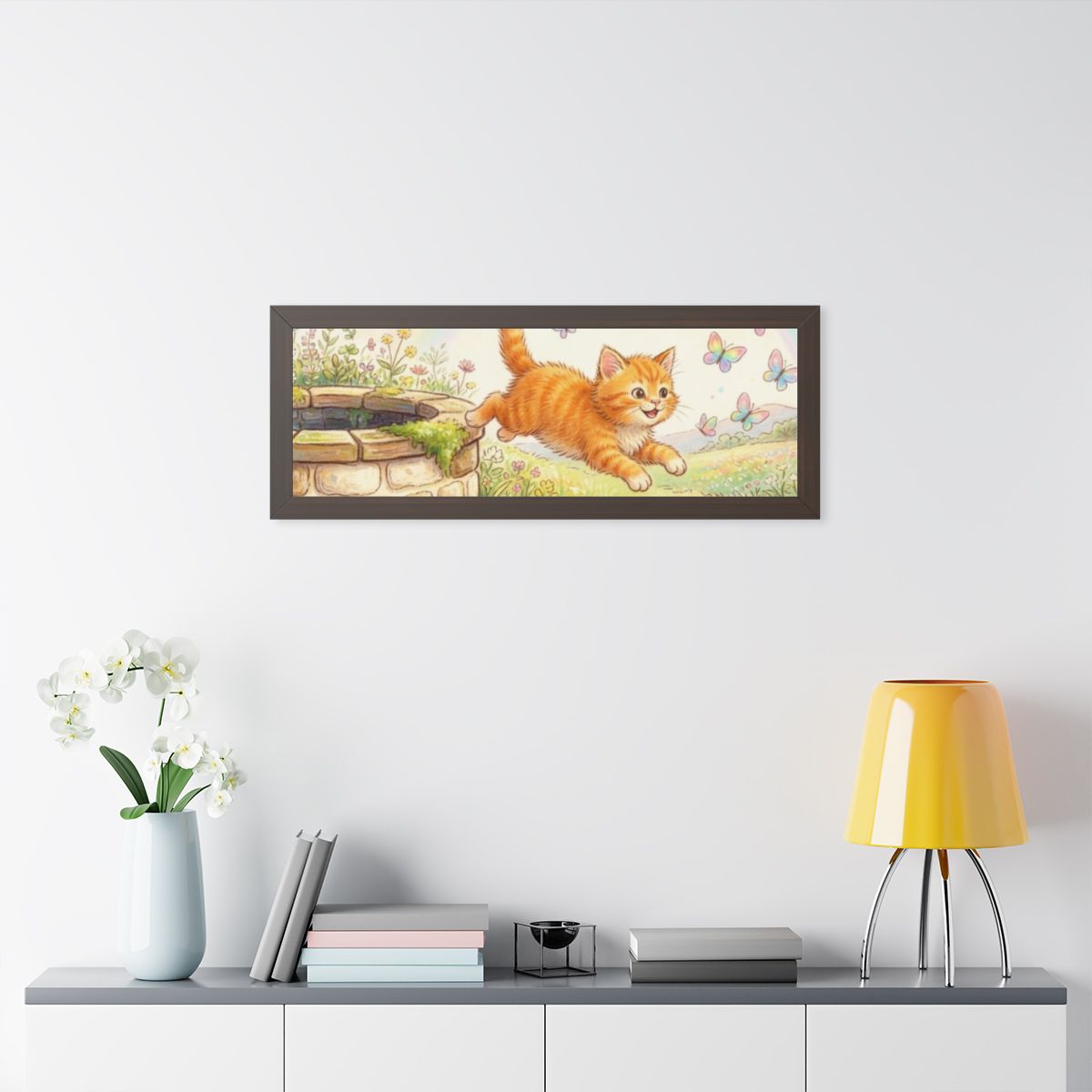 Framed Horizontal Poster - Joyful Kitten Meadow — Walnut......