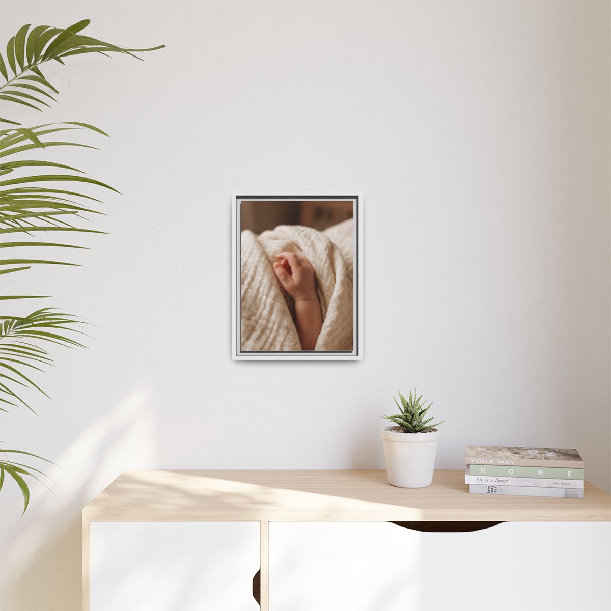 Matte Canvas, Framed - Tender Newborn Hand in Soft Muslin......