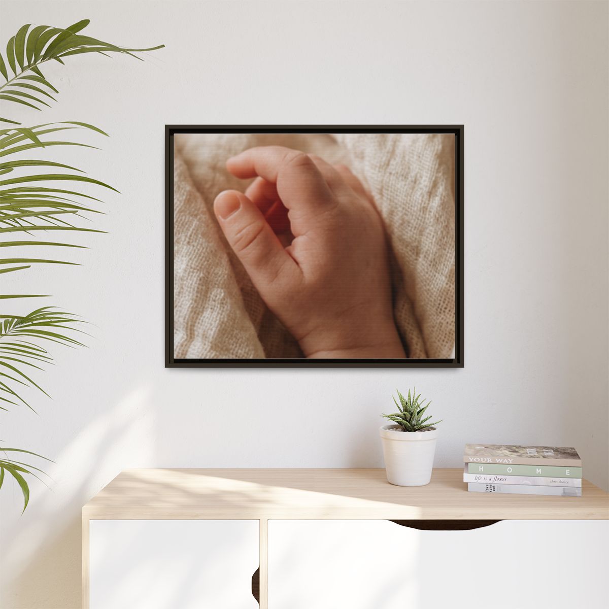 Matte Canvas, Framed - Tender Newborn Hand in Soft Muslin......