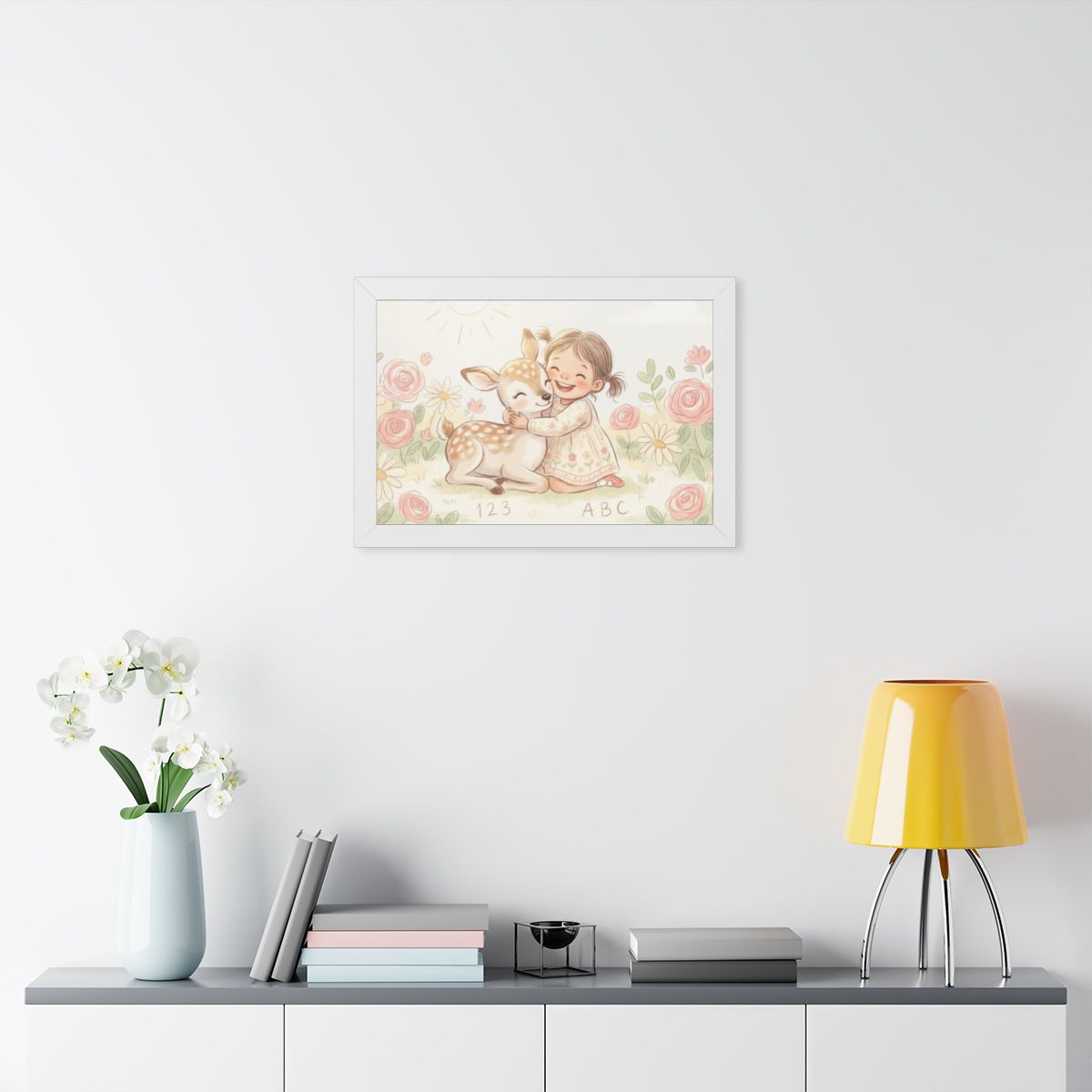 Framed Horizontal Poster - Gentle Hug Meadow Deer Art —... |...
