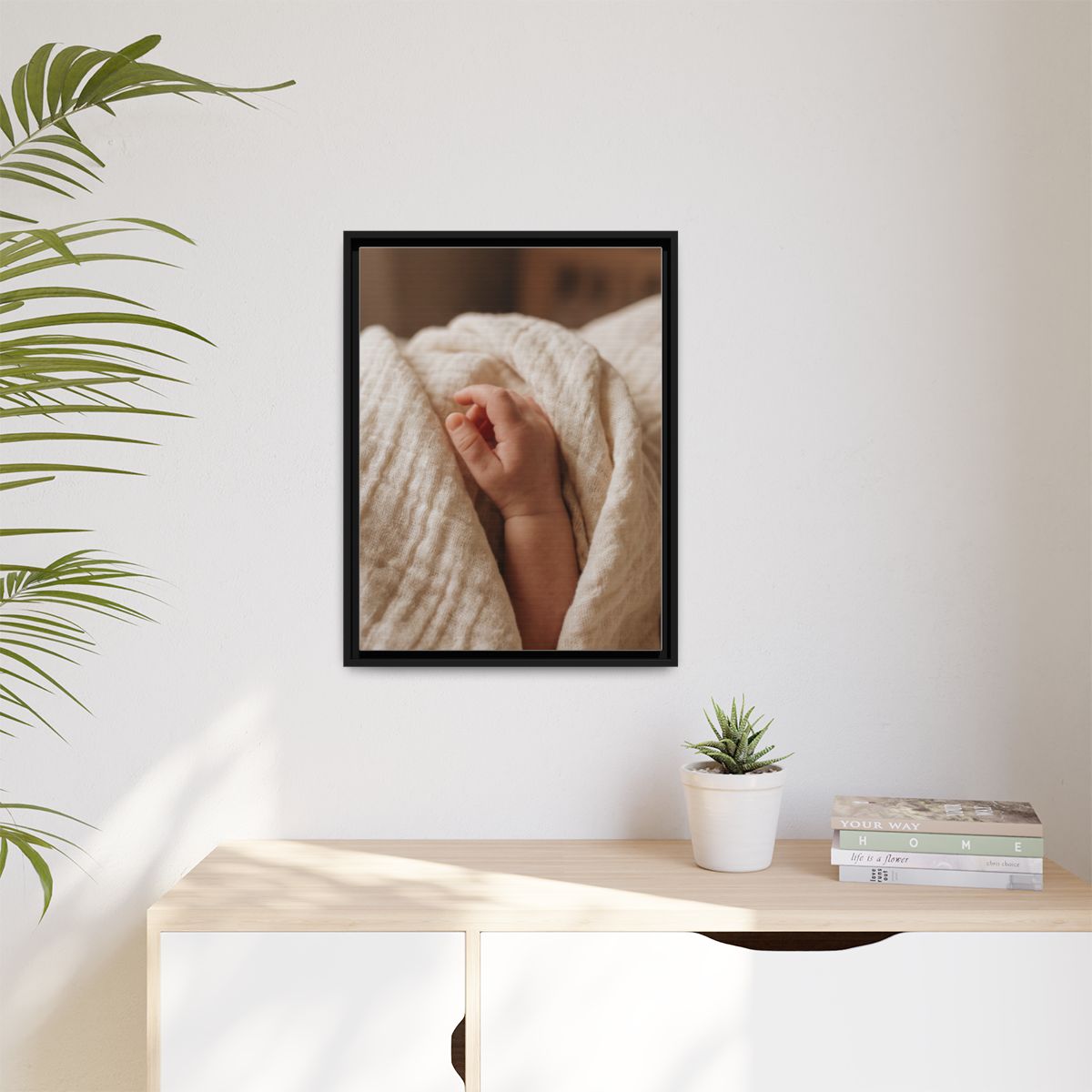 Matte Canvas, Framed - Tender Newborn Hand in Soft Muslin......