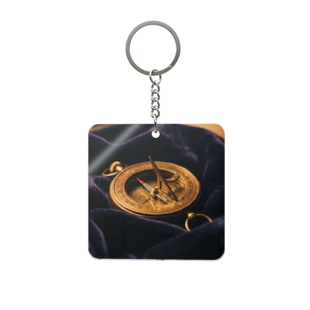 Vintage Brass Sundial Compass Square Keychain