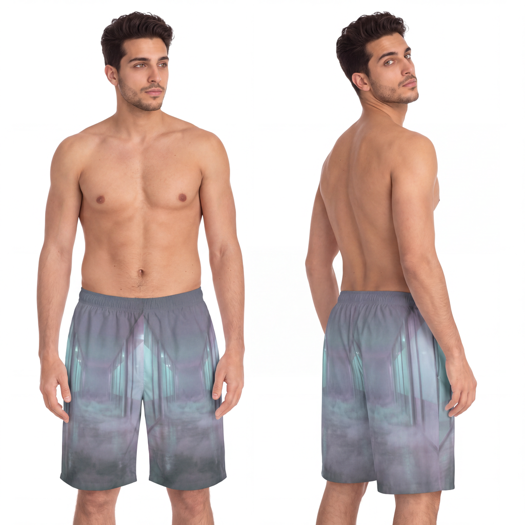 Men's Board Shorts - Liminal Corridor Fog Art Print |...