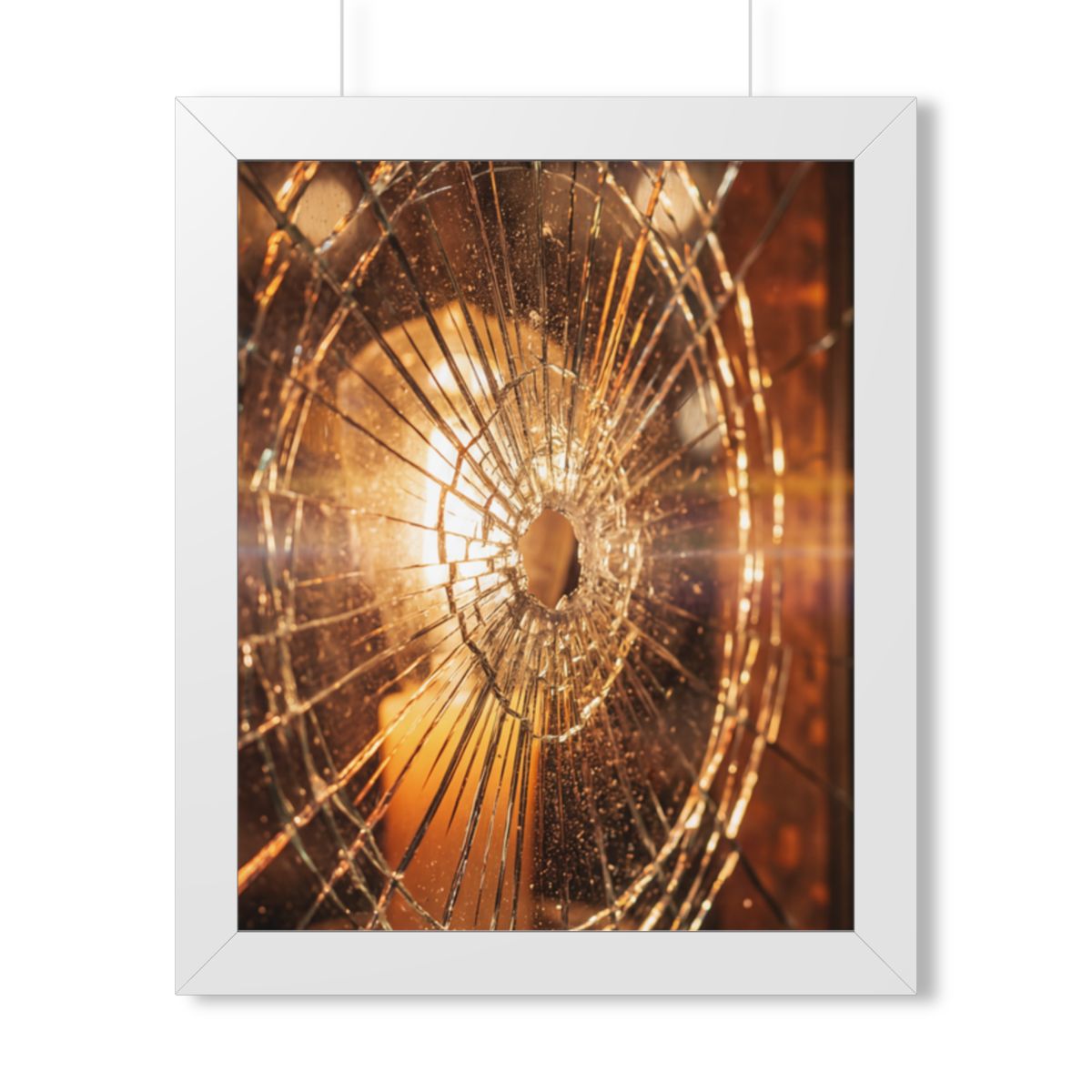 Framed Vertical Poster - Shattered Amber Glass Art — White...