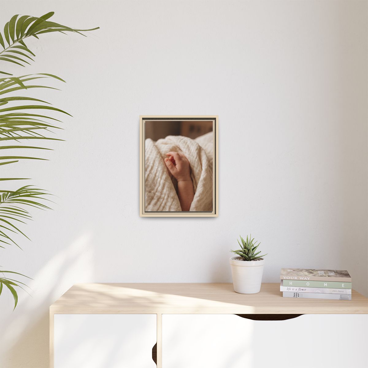 Matte Canvas, Framed - Tender Newborn Hand in Soft Muslin......