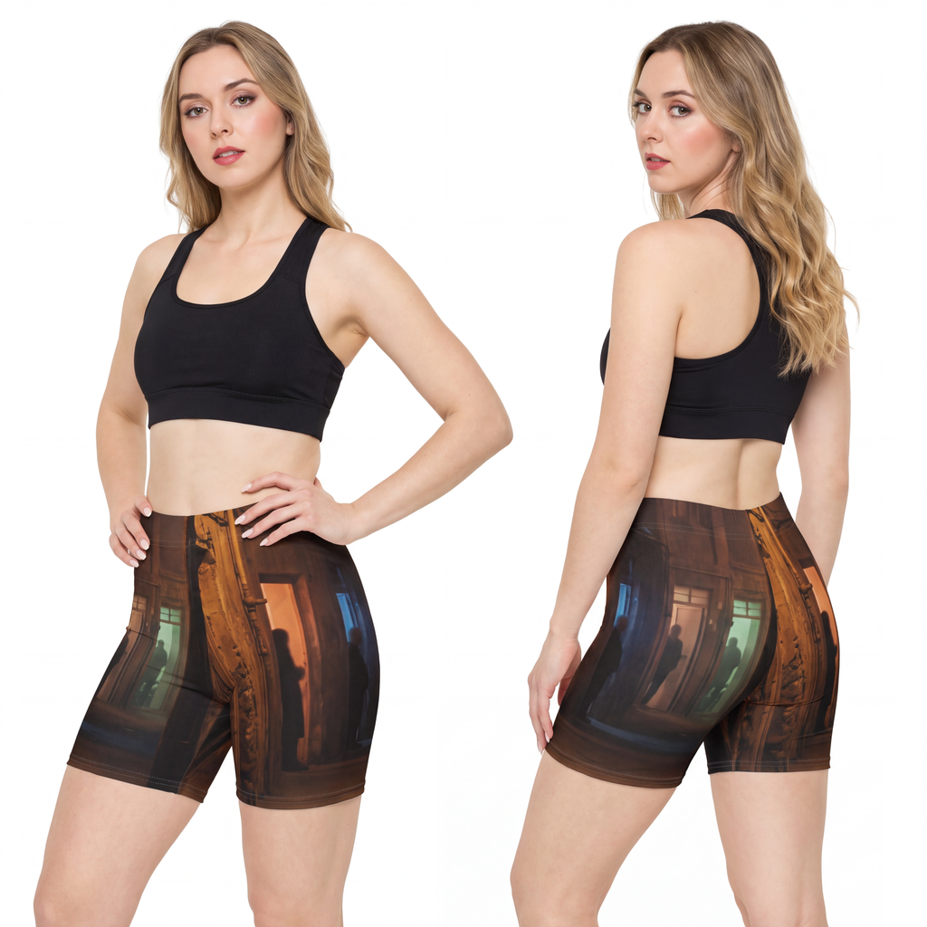 Women's Biker Shorts - Shadowed Alleyway Mystery Art Print |...