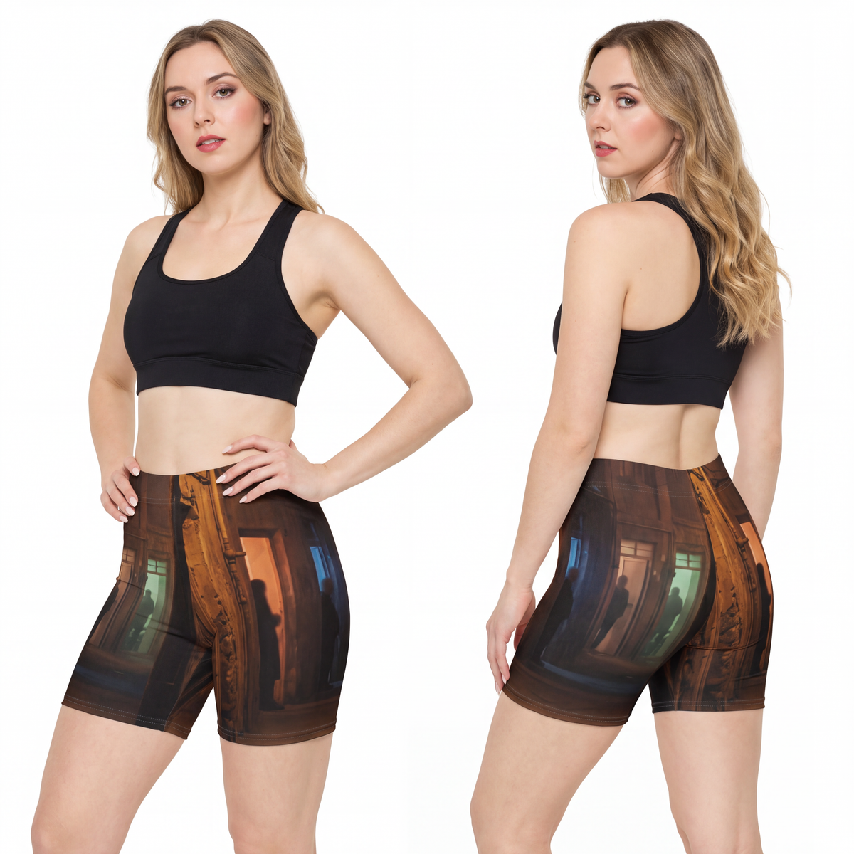 Women's Biker Shorts - Shadowed Alleyway Mystery Art Print |...