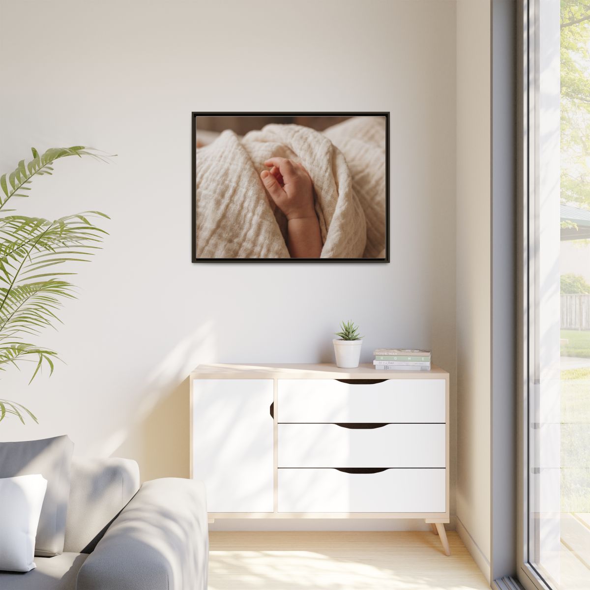 Matte Canvas, Framed - Tender Newborn Hand in Soft Muslin......