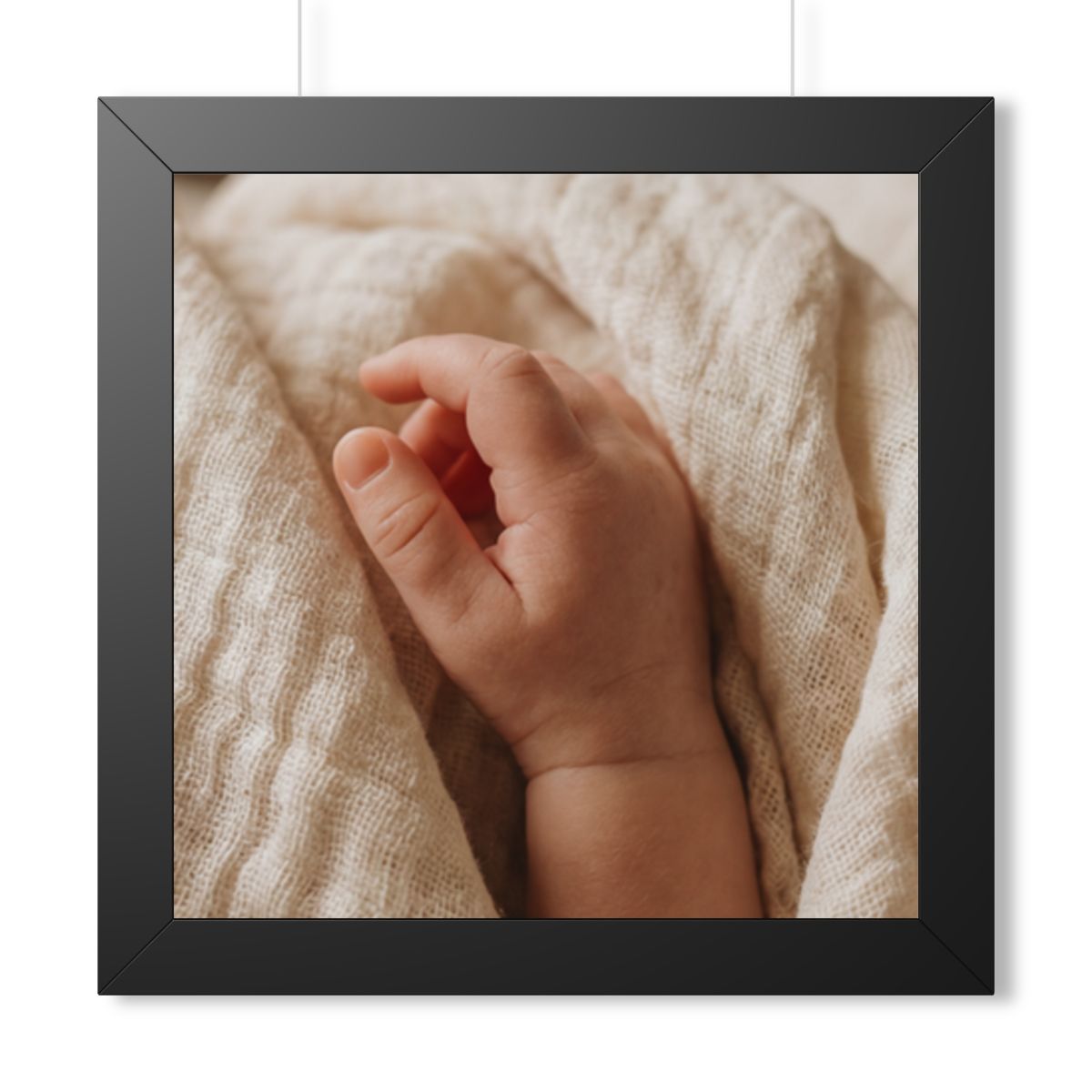 Framed Vertical Poster - Tender Newborn Hand in Soft Muslin...