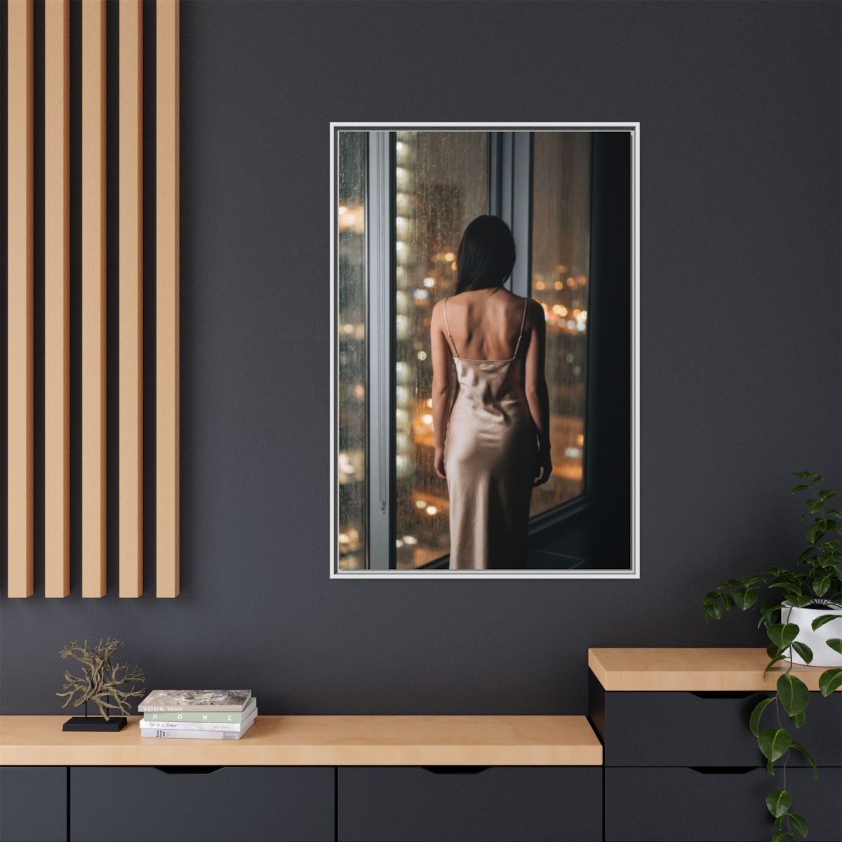 Matte Canvas, Framed - Rainy City lights Glow — White /... |...