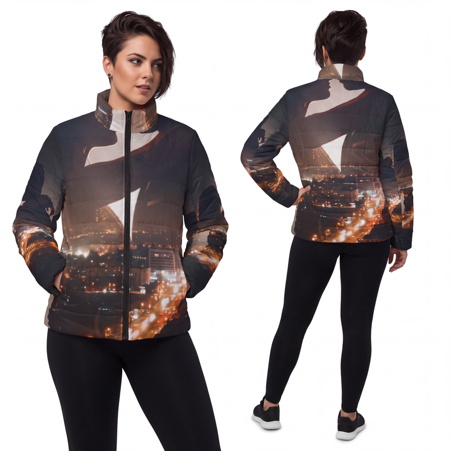 Women's Puffer Jacket - Midnight City Skyline