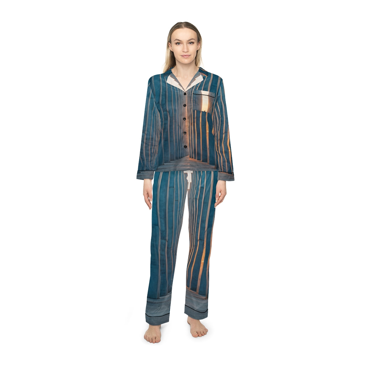 Women's Satin Pajamas with Concrete Monolith Art