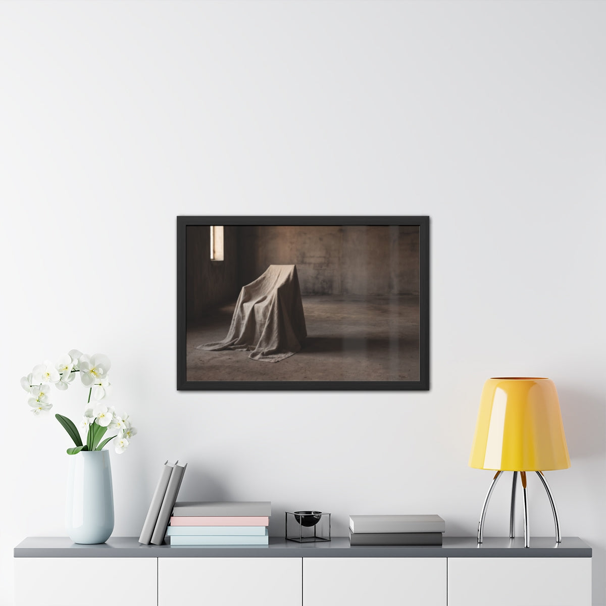 Framed Posters - Silent Shadow Covered Chair Art — Landscape...