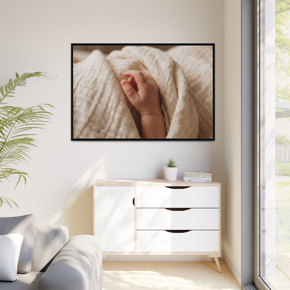 Matte Canvas, Framed - Tender Newborn Hand in Soft Muslin......